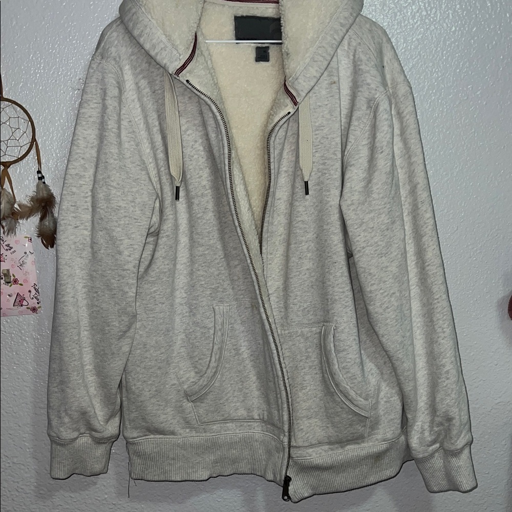 Old Navy Light Grey and Cream  Sherpa-Lined Hoodie Year 2009 Y2K size XL